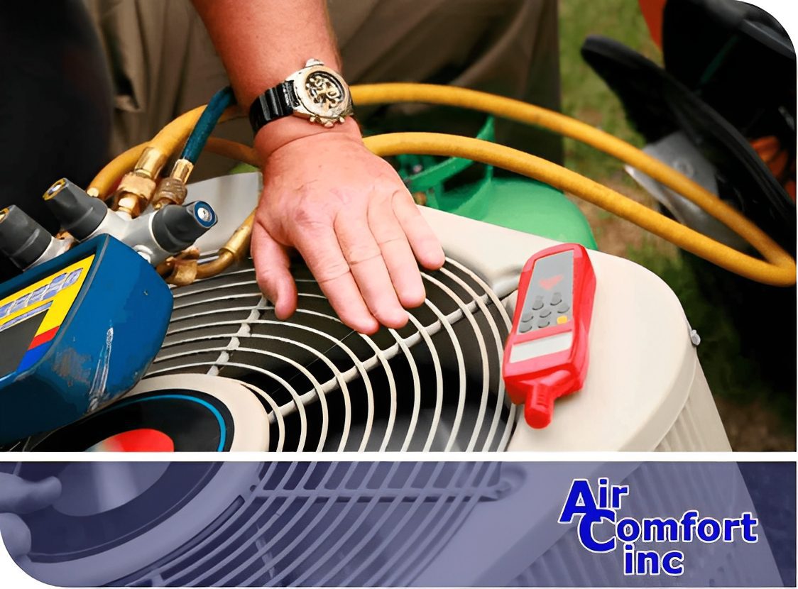 Technician inspecting air conditioning unit