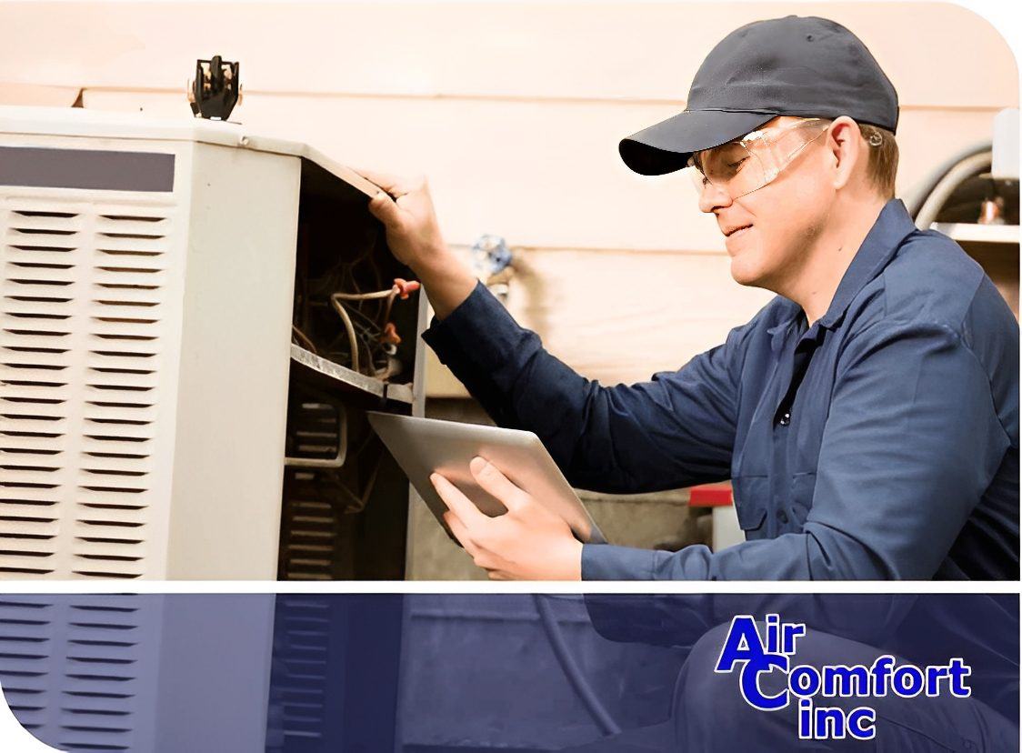 Technician inspecting air conditioning unit